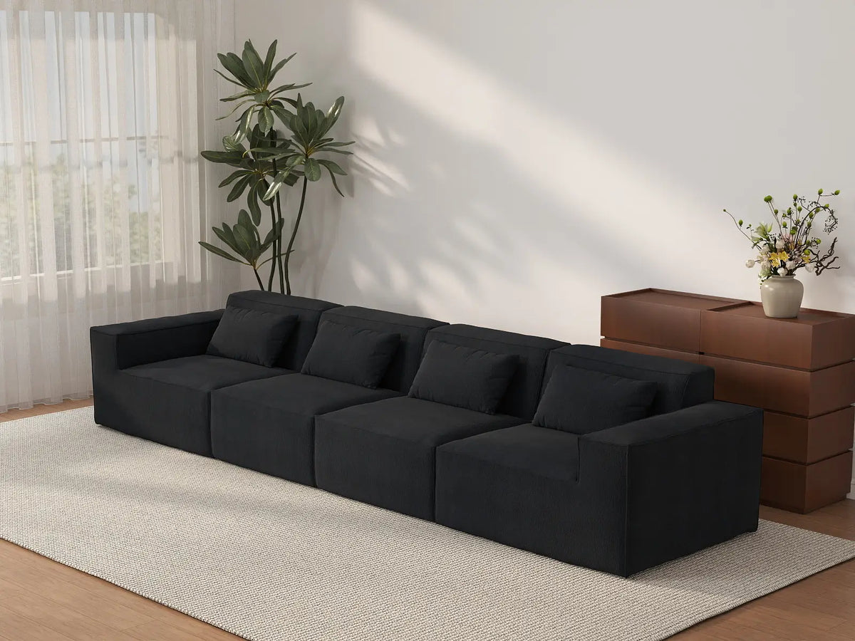 Forma Black 4-Seater Couch Sectionals | 4-Piece, Cloud Velvet Fabric, Fixed Upholstery