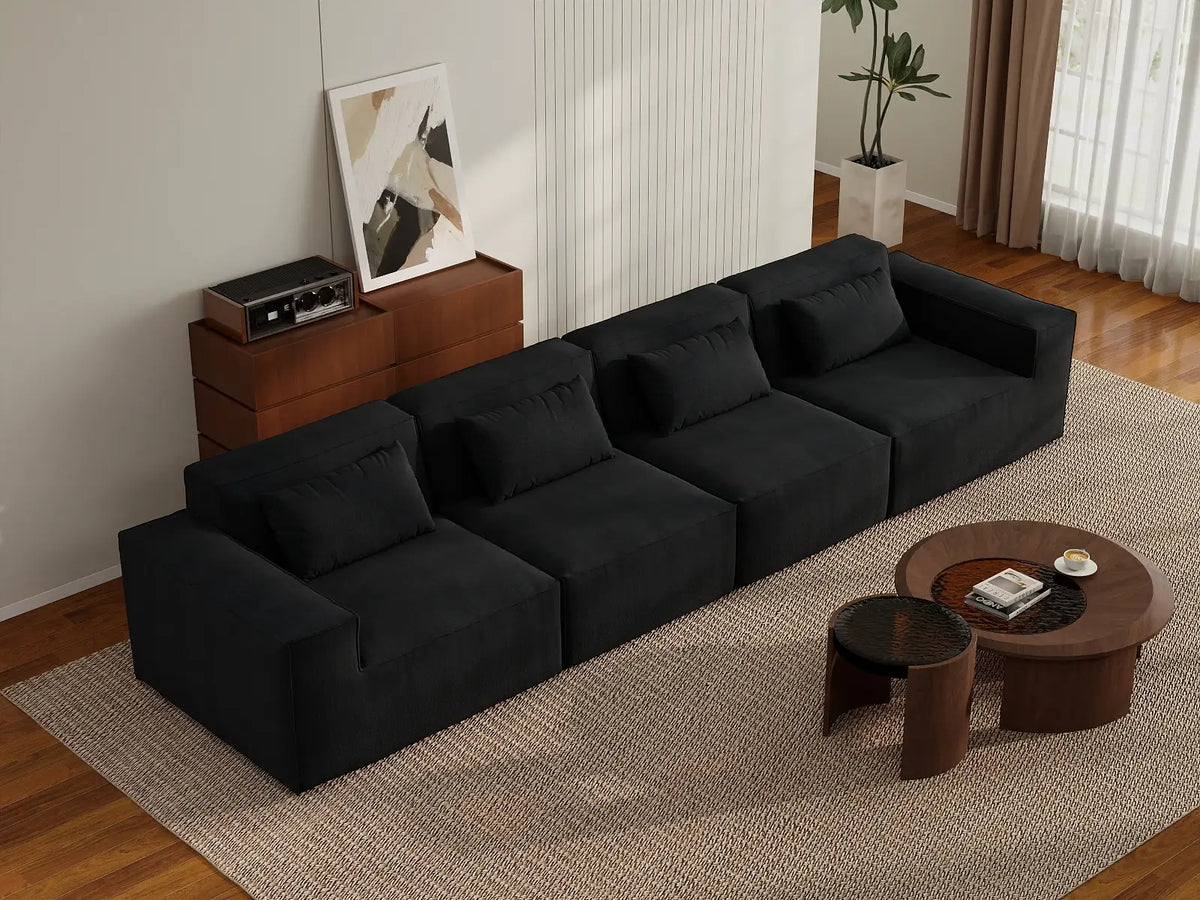 Forma Black 4-Seater Couch Sectionals | 4-Piece, Cloud Velvet Fabric, Fixed Upholstery