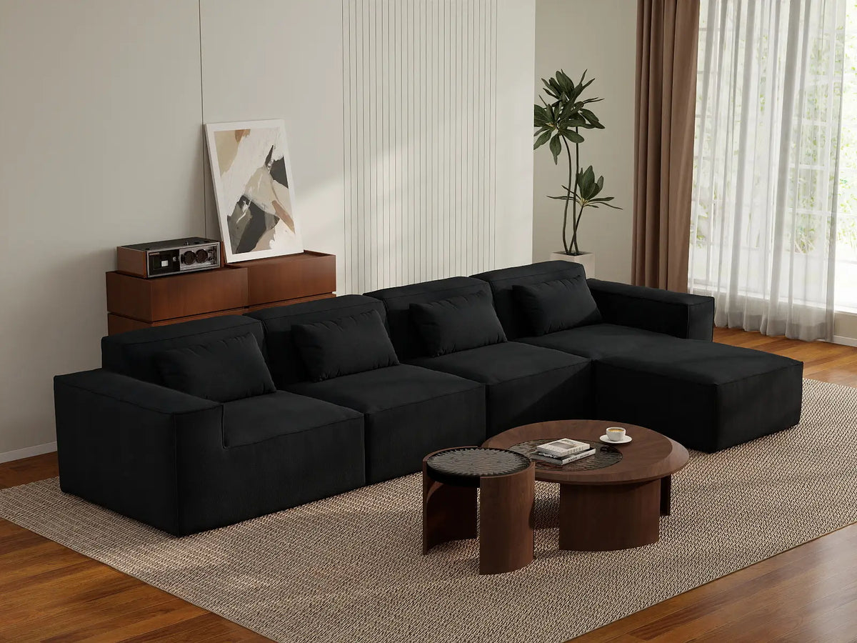 Black 4-Seater L-Shaped Sectional | 5-Piece (Includes 1 Ottoman), Cloud Velvet Fabric, Fixed Upholstery