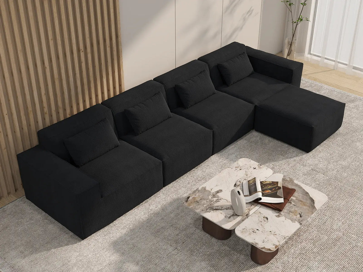 Black 4-Seater L-Shaped Sectional | 5-Piece (Includes 1 Ottoman), Cloud Velvet Fabric, Fixed Upholstery