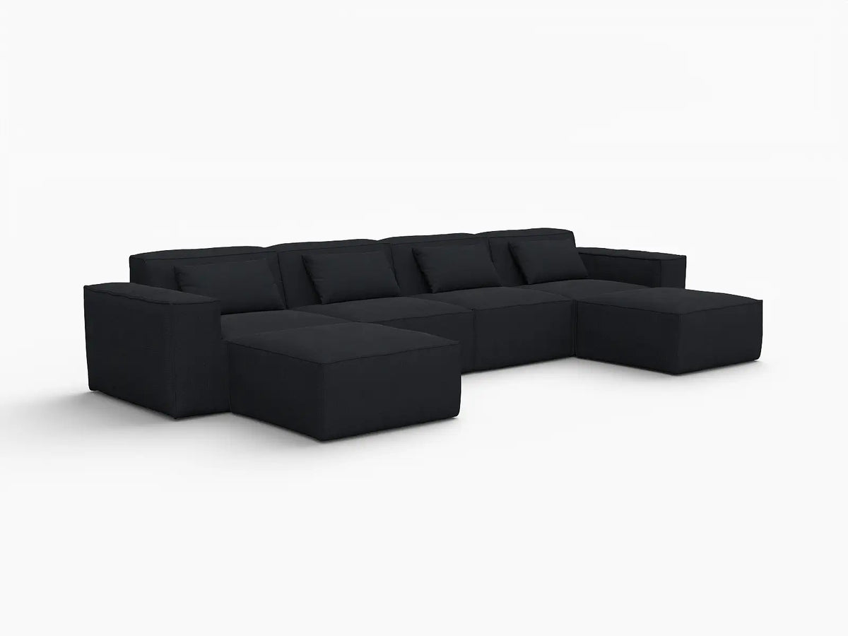 Sofá modular en forma de U Matrix de 4 plazas, color negro | Juego de 6 piezas (incluye 2 otomanas), tapizado en terciopelo Cloud Velvet, diseño espacioso.