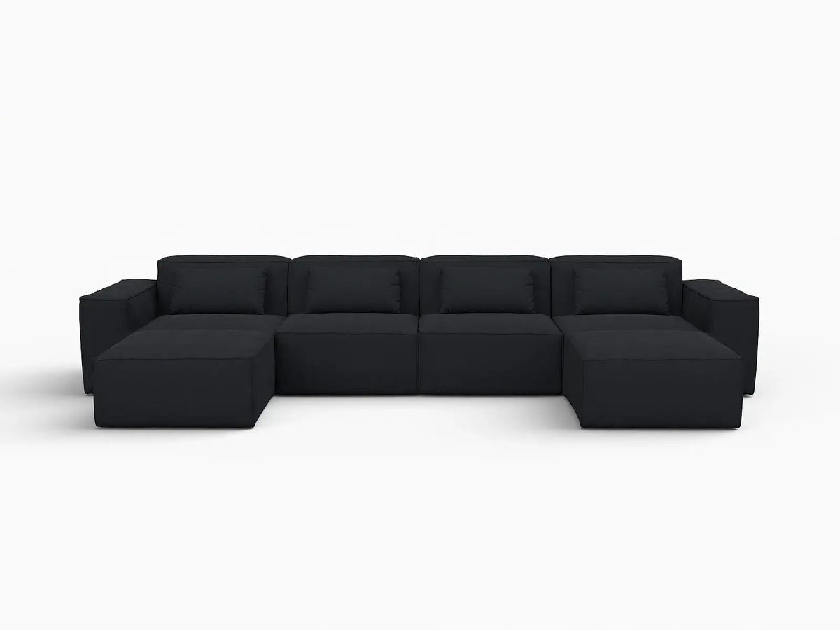 Sofá modular en forma de U Matrix de 4 plazas, color negro | Juego de 6 piezas (incluye 2 otomanas), tapizado en terciopelo Cloud Velvet, diseño espacioso.