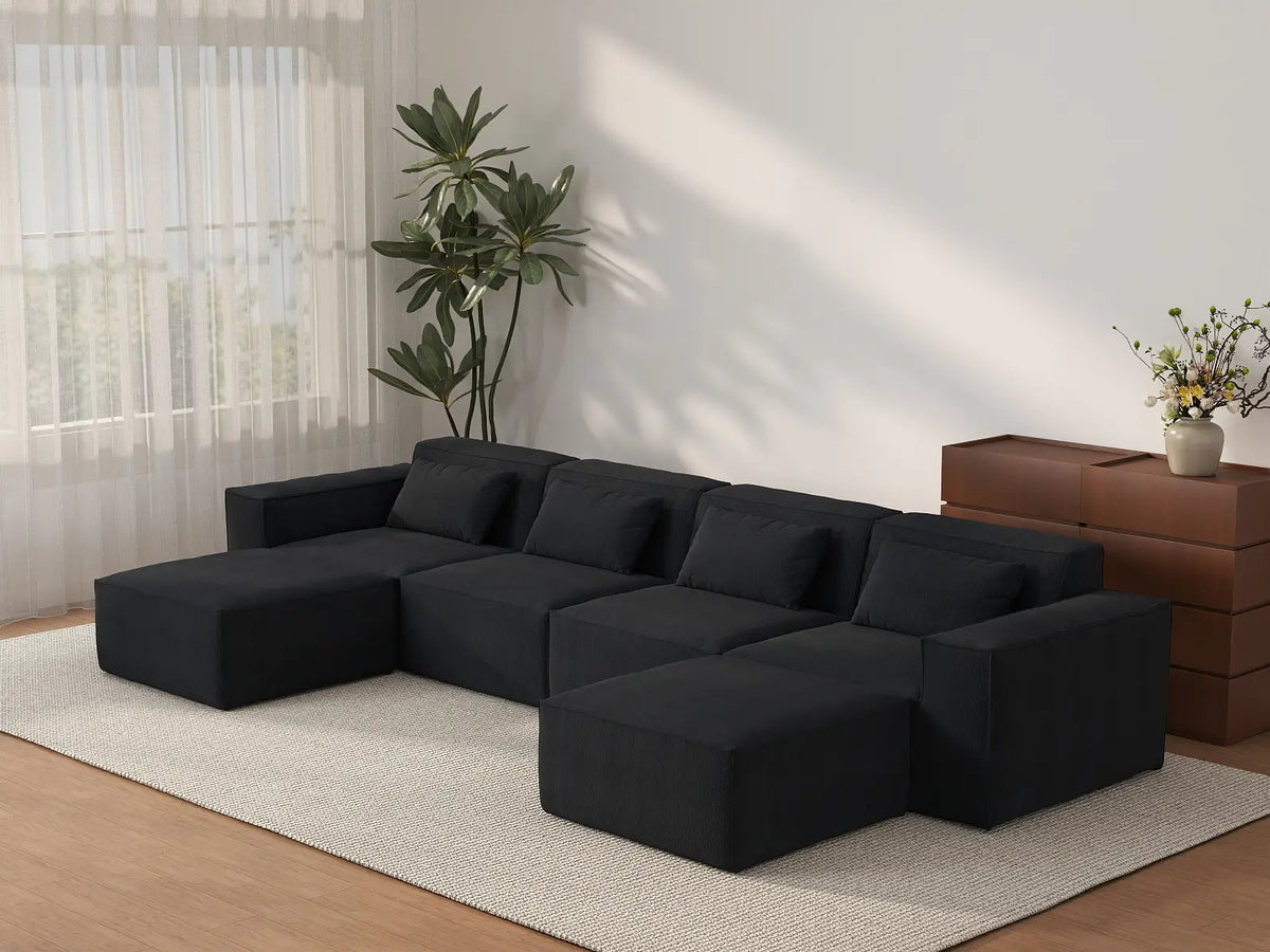 Sofá modular en forma de U Matrix de 4 plazas, color negro | Juego de 6 piezas (incluye 2 otomanas), tapizado en terciopelo Cloud Velvet, diseño espacioso.