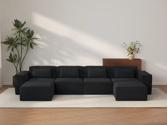 Forma Black 4-Seater U-Shaped Sectionals | 6-Piece (includes 2 ottomans), Cloud Velvet Fabric, Fixed Upholstery