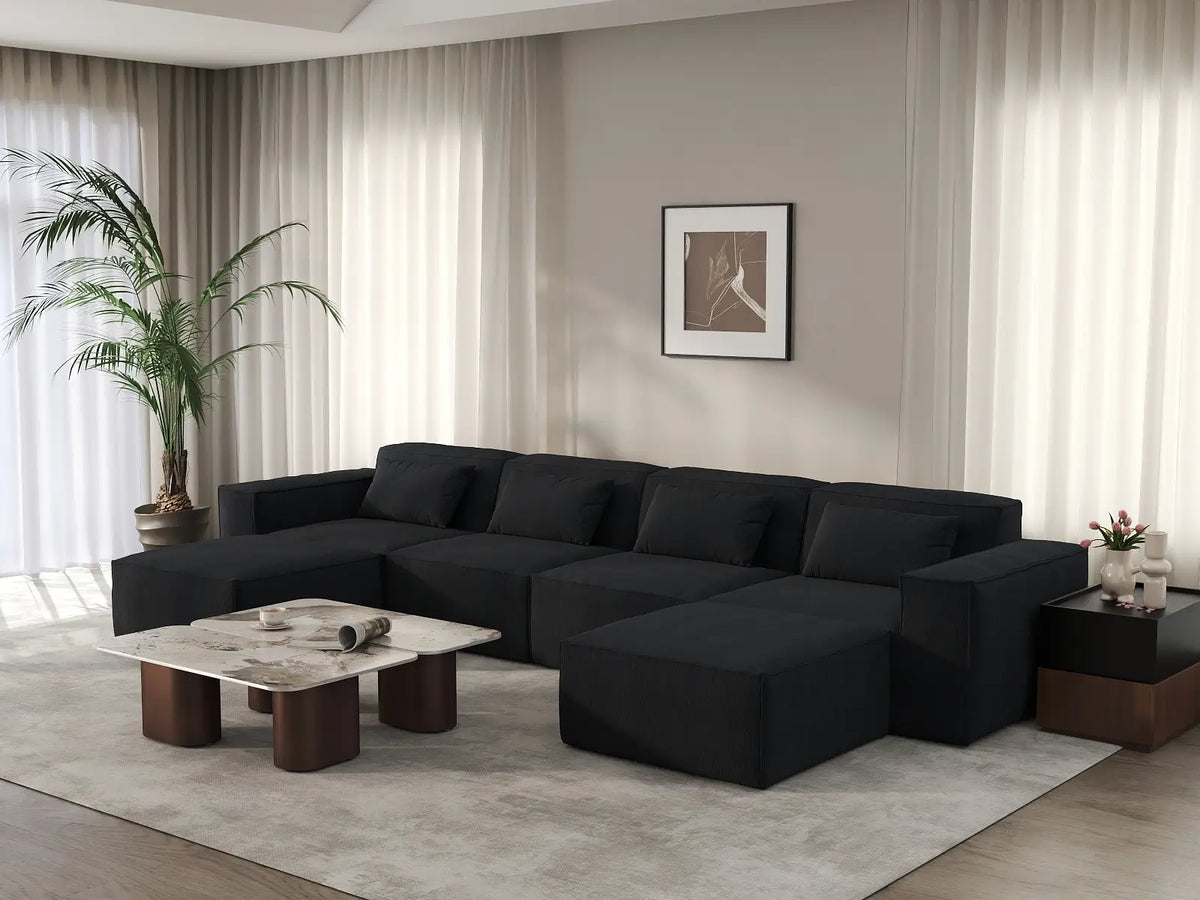 Sofá modular en forma de U Matrix de 4 plazas, color negro | Juego de 6 piezas (incluye 2 otomanas), tapizado en terciopelo Cloud Velvet, diseño espacioso.