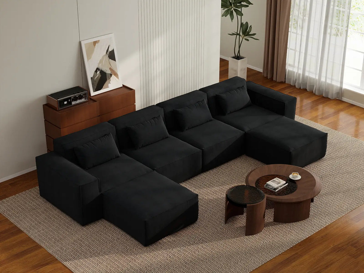 Sofá modular en forma de U Matrix de 4 plazas, color negro | Juego de 6 piezas (incluye 2 otomanas), tapizado en terciopelo Cloud Velvet, diseño espacioso.