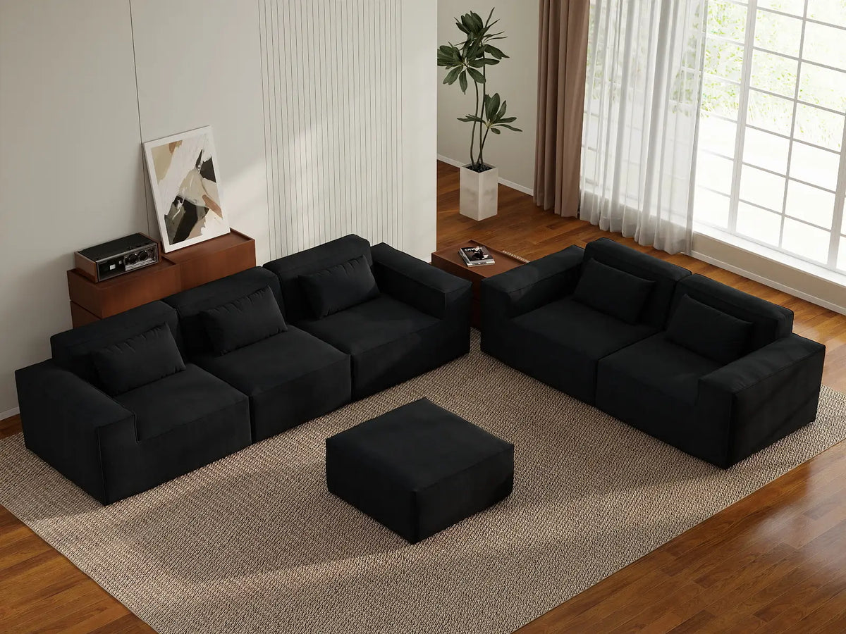 Forma Black 5-Seater Sofa Sets | 6-Piece (includes 1 ottoman), Cloud Velvet Fabric, Fixed Upholstery
