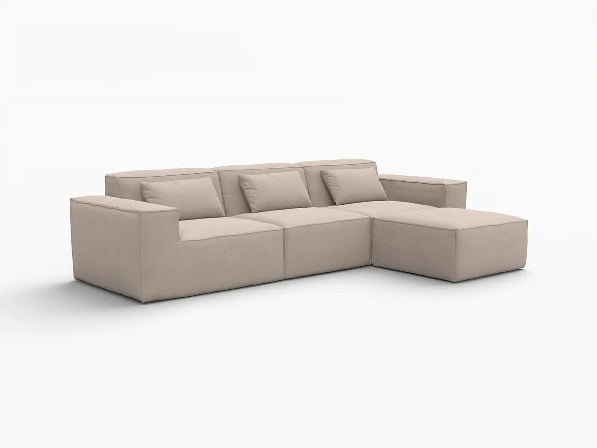 Sofá modular en forma de L Matrix de 3 plazas, color marrón | 4 piezas (incluye 1 otomana), tapizado en terciopelo Cloud, diseño espacioso.