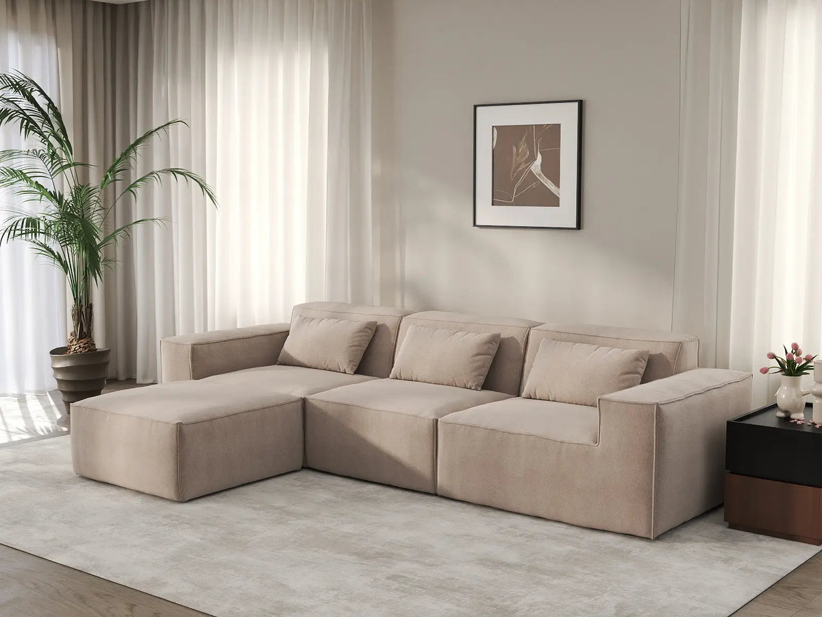 Sofá modular en forma de L Matrix de 3 plazas, color marrón | 4 piezas (incluye 1 otomana), tapizado en terciopelo Cloud, diseño espacioso.