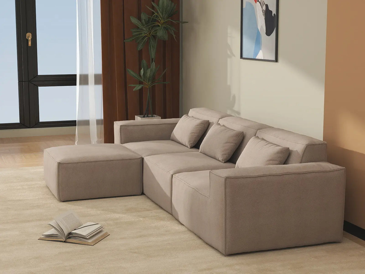 Sofá modular en forma de L Matrix de 3 plazas, color marrón | 4 piezas (incluye 1 otomana), tapizado en terciopelo Cloud, diseño espacioso.