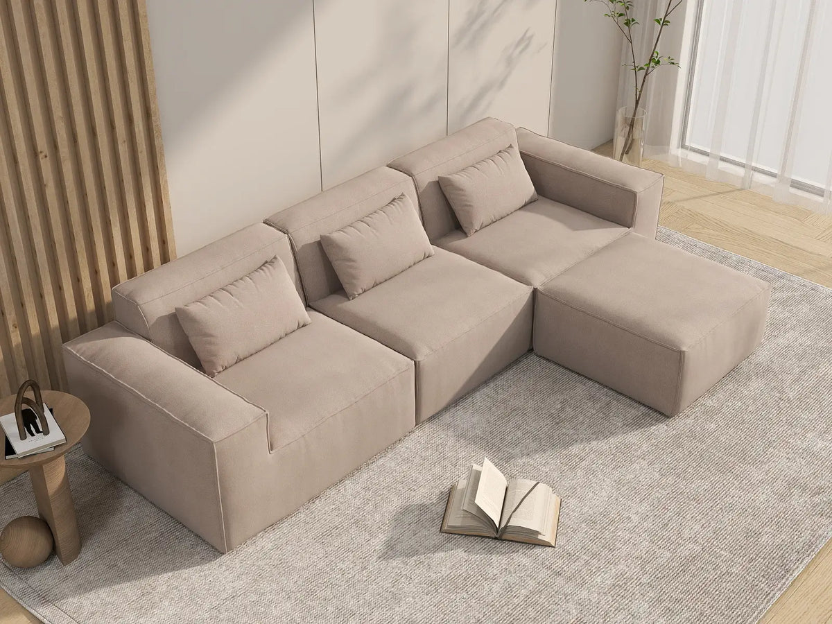 Sofá modular en forma de L Matrix de 3 plazas, color marrón | 4 piezas (incluye 1 otomana), tapizado en terciopelo Cloud, diseño espacioso.