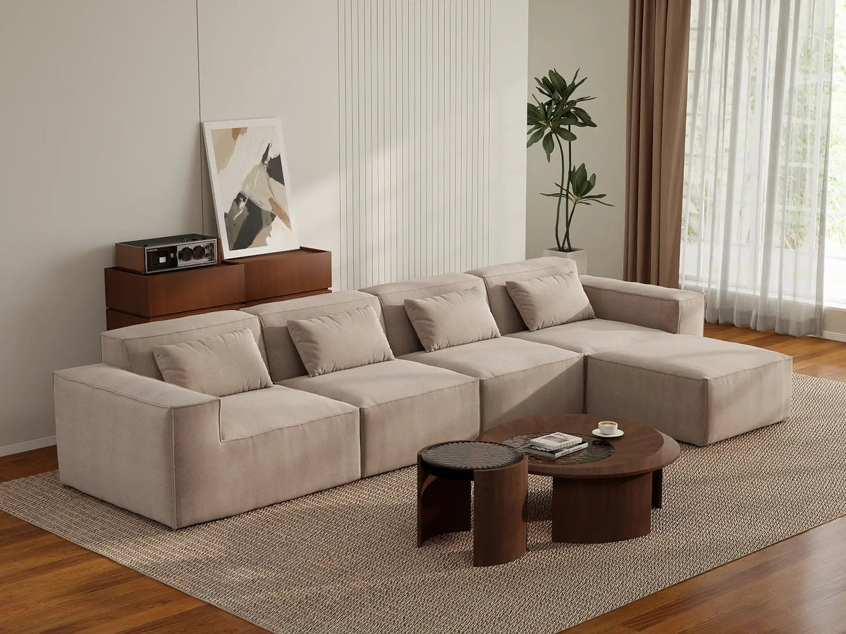 Sofá modular en forma de L Matrix de 4 plazas, color marrón | 5 piezas (incluye 1 otomana), tela Cloud Velvet, gran capacidad.