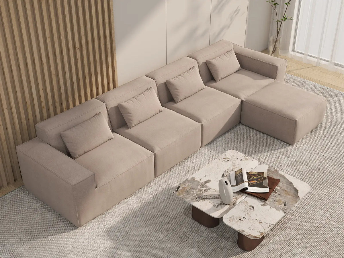 Sofá modular en forma de L Matrix de 4 plazas, color marrón | 5 piezas (incluye 1 otomana), tela Cloud Velvet, gran capacidad.