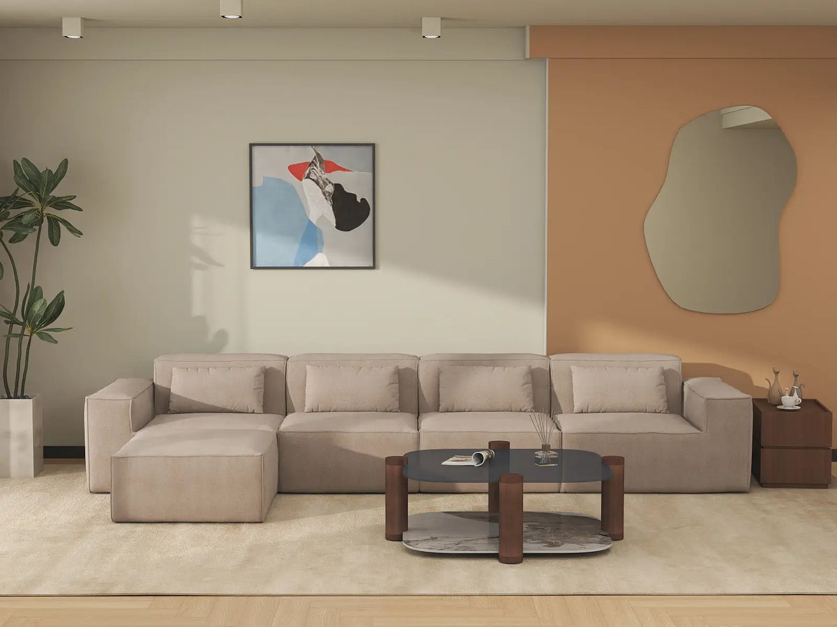 Sofá modular en forma de L Matrix de 4 plazas, color marrón | 5 piezas (incluye 1 otomana), tela Cloud Velvet, gran capacidad.