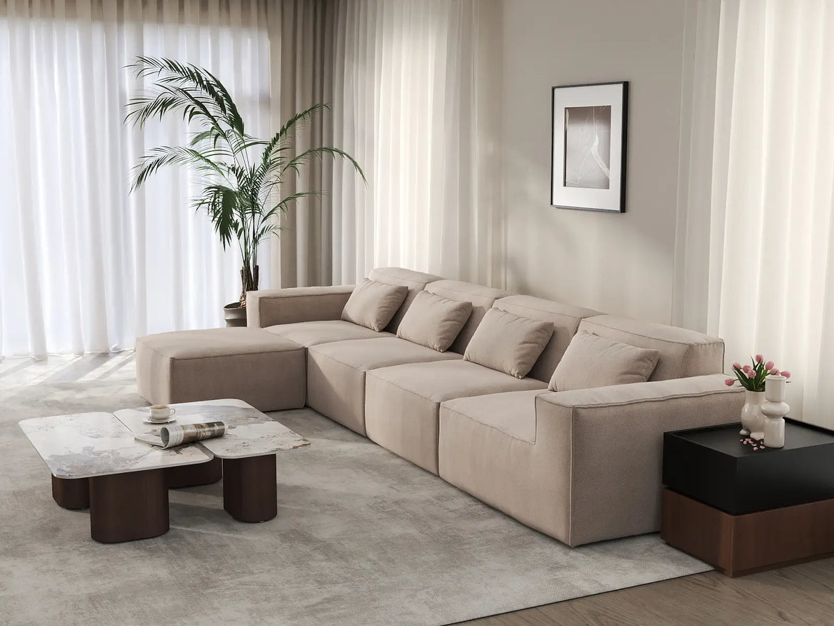 Sofá modular en forma de L Matrix de 4 plazas, color marrón | 5 piezas (incluye 1 otomana), tela Cloud Velvet, gran capacidad.