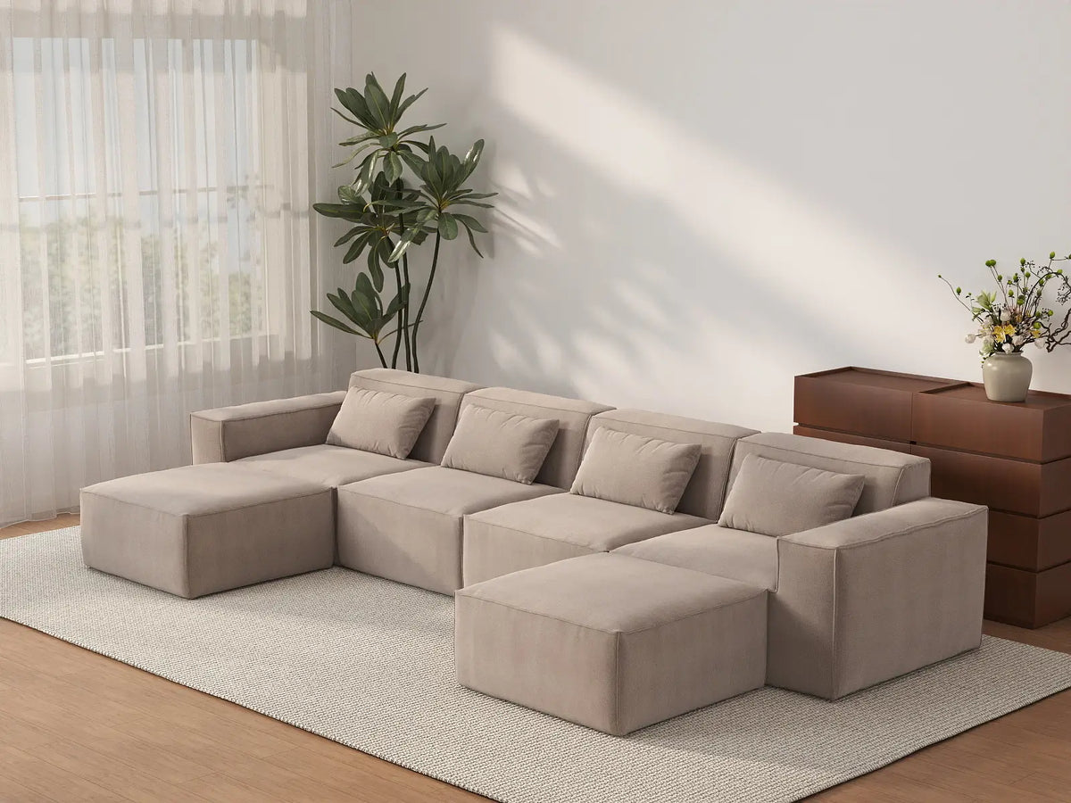 Sofá modular seccional en forma de U Matrix de 4 plazas, color marrón | Juego de 6 piezas (incluye 2 otomanas), tapizado en terciopelo Cloud, diseño espacioso.