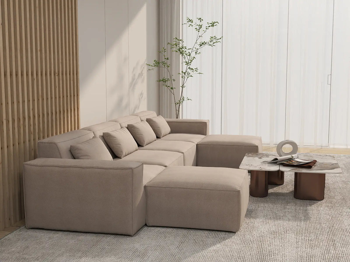 Sofá modular seccional en forma de U Matrix de 4 plazas, color marrón | Juego de 6 piezas (incluye 2 otomanas), tapizado en terciopelo Cloud, diseño espacioso.