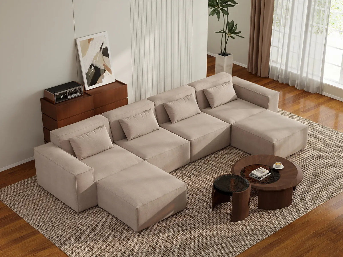 Sofá modular seccional en forma de U Matrix de 4 plazas, color marrón | Juego de 6 piezas (incluye 2 otomanas), tapizado en terciopelo Cloud, diseño espacioso.