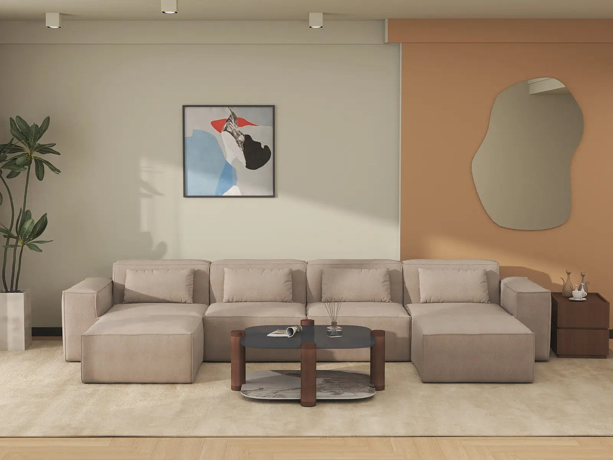 Sofá modular seccional en forma de U Matrix de 4 plazas, color marrón | Juego de 6 piezas (incluye 2 otomanas), tapizado en terciopelo Cloud, diseño espacioso.