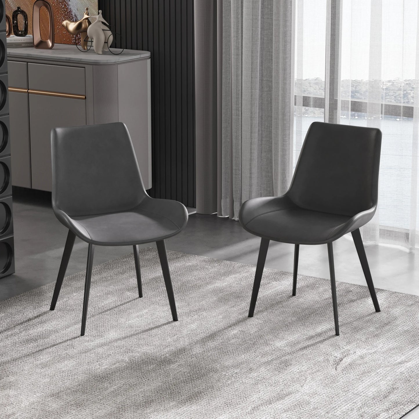 Vegan Full Back Dining Chair | Gray PU Leather Set of 2