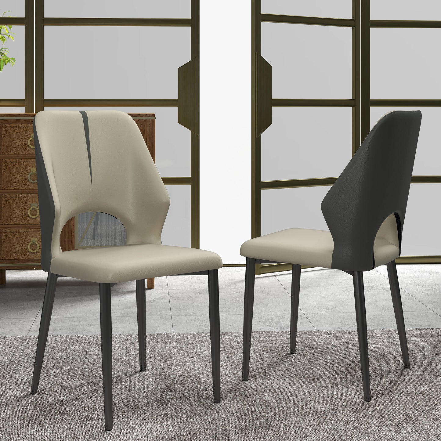 Vegan Open Back Dining Chair | Gray PU Leather Set of 2