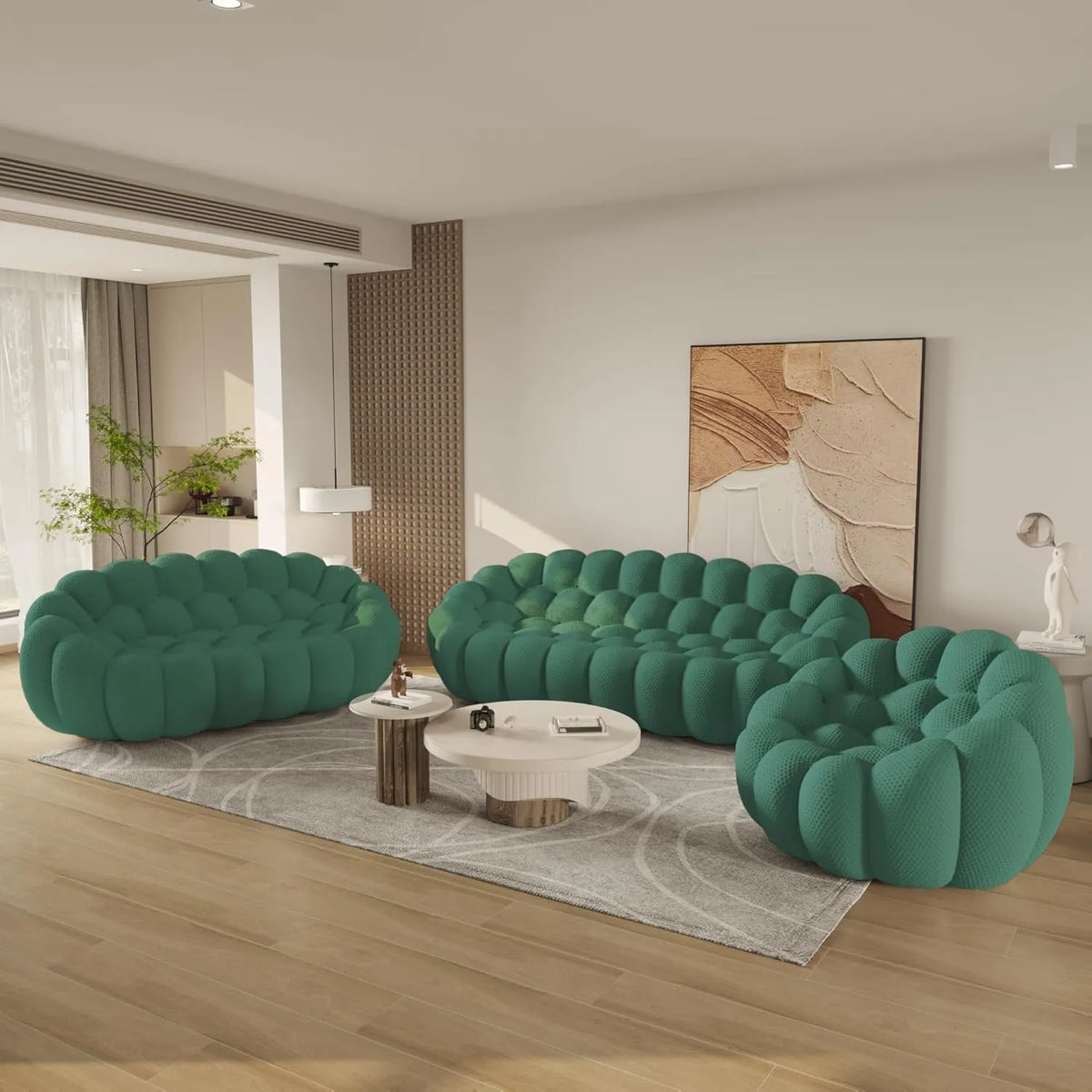 Sofás de suelo esenciales | Conjunto de sofás de 3 piezas de tela tejida 3D verde para 6 personas