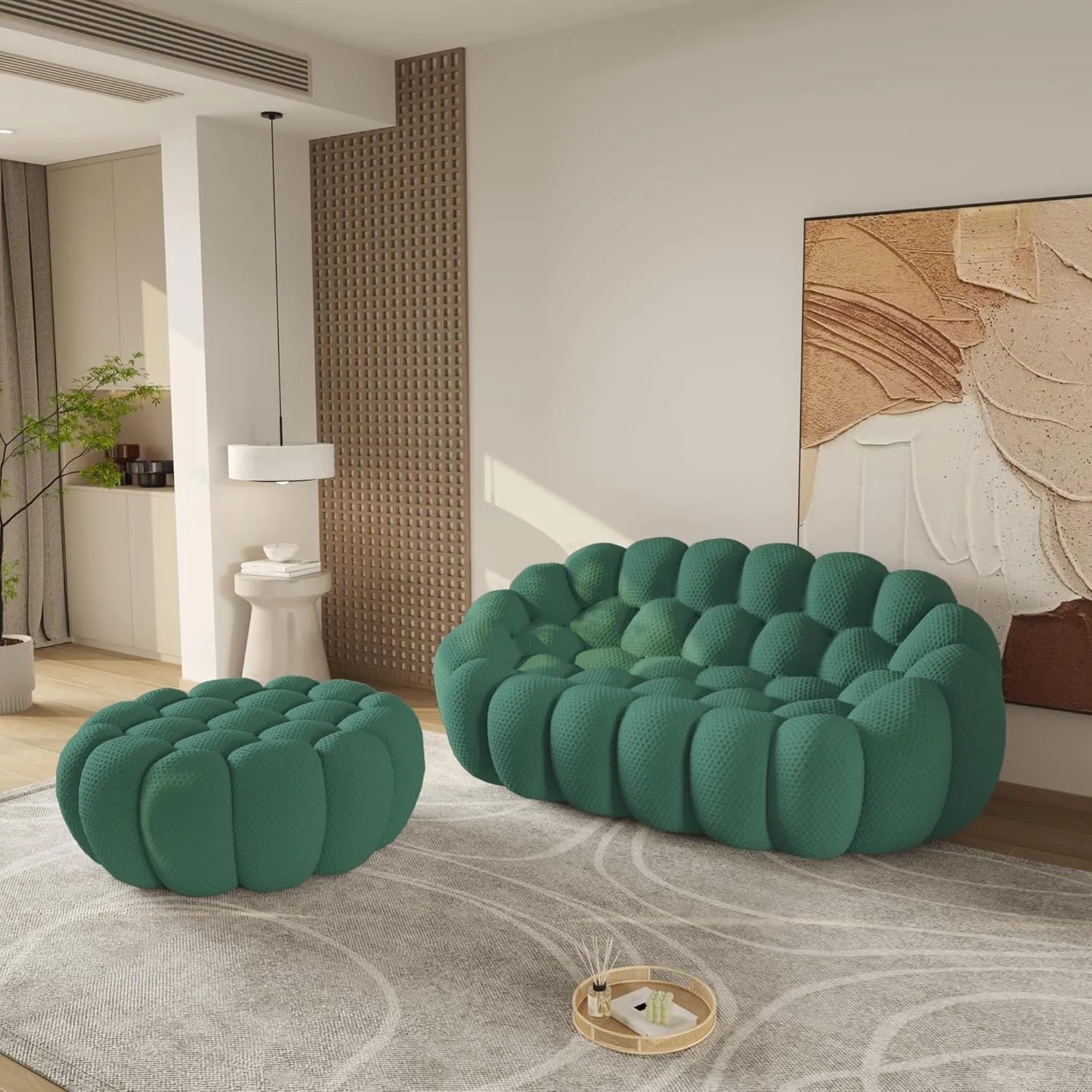 Seccionales Essential de 2 plazas de tela tejida en 3D verde | 2 piezas (incluye 1 otomana), tela tejida en 3D, espacios pequeños