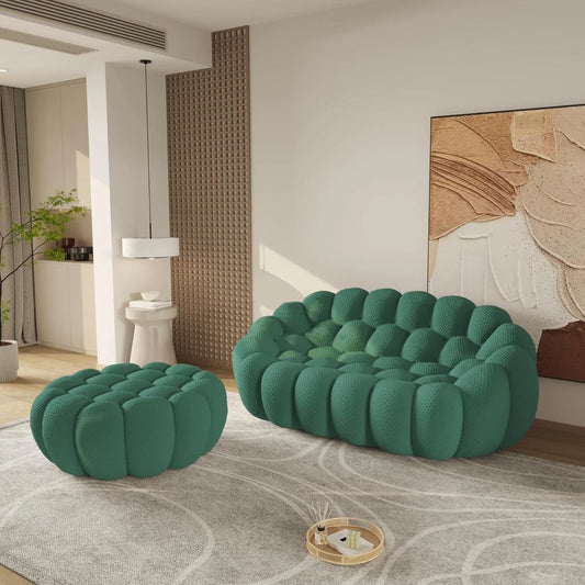 Essential Floor Sofas | Green 3D Knitted Fabric Loveseats 2-seaters with 1 Ottoman