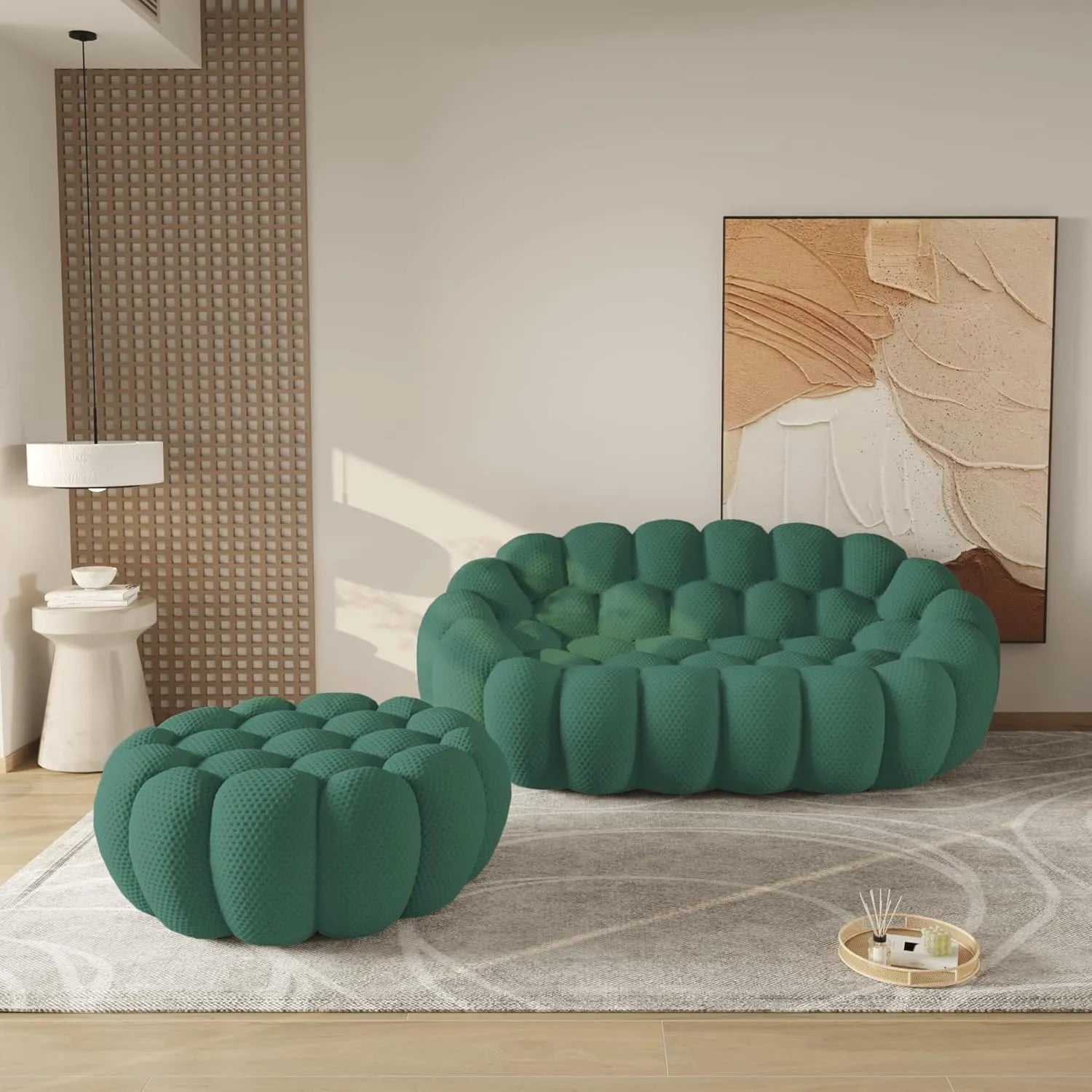 Seccionales Essential de 2 plazas de tela tejida en 3D verde | 2 piezas (incluye 1 otomana), tela tejida en 3D, espacios pequeños