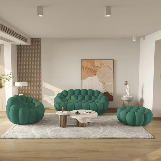 Essential Floor Sofas | Green 3D Knitted Fabric L shaped Sectionals 3-seaters with 1 Ottoman