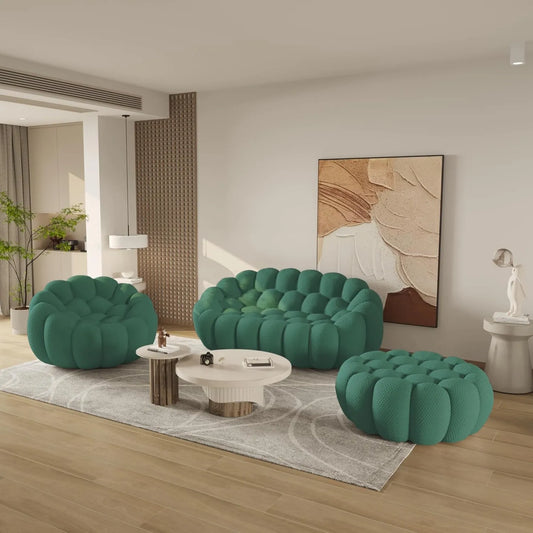 Essential Floor Sofas | Green 3D Knitted Fabric L shaped Sectionals 3-seaters with 1 Ottoman
