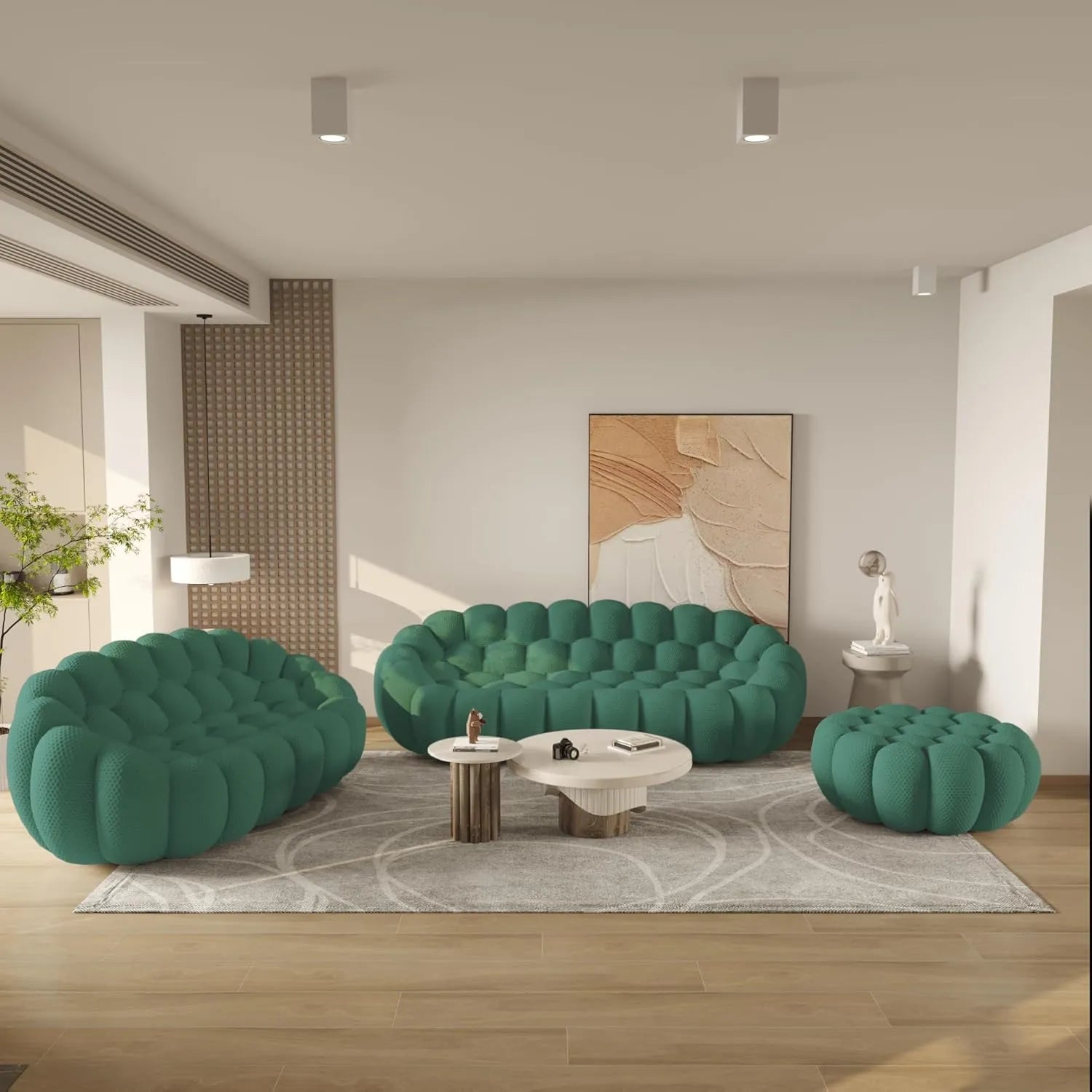 Juego de sofá de tela tejida 3D verde de 5 plazas | 3 piezas (incluye 1 otomana), tela tejida 3D, espacio grande