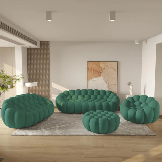 Essential Floor Sofas | Green 3D Knitted Fabric L shaped Sectionals 6-seaters with 1 Ottoman