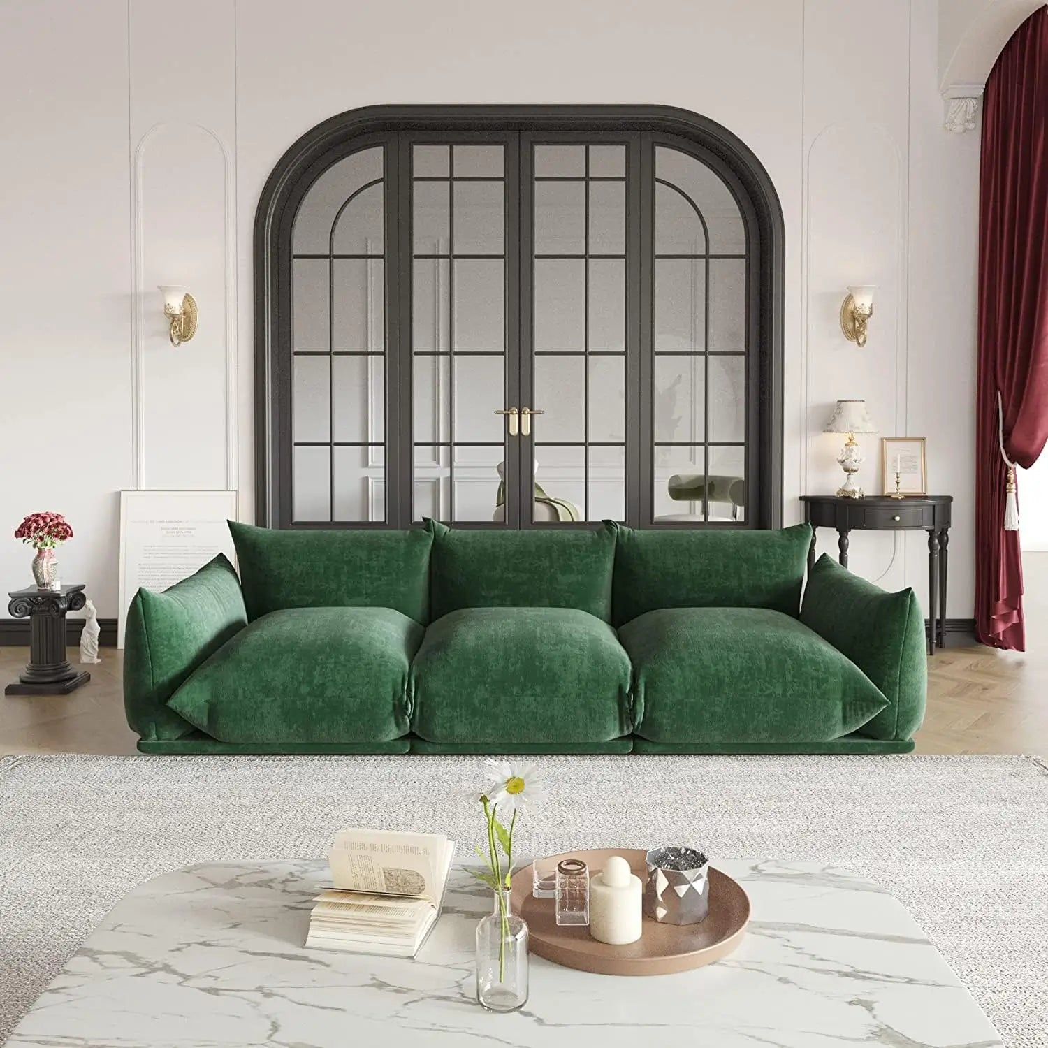 Sofá modular seccional Matrix de 3 plazas en color verde | 3 piezas, tela de chenilla, diseño compacto