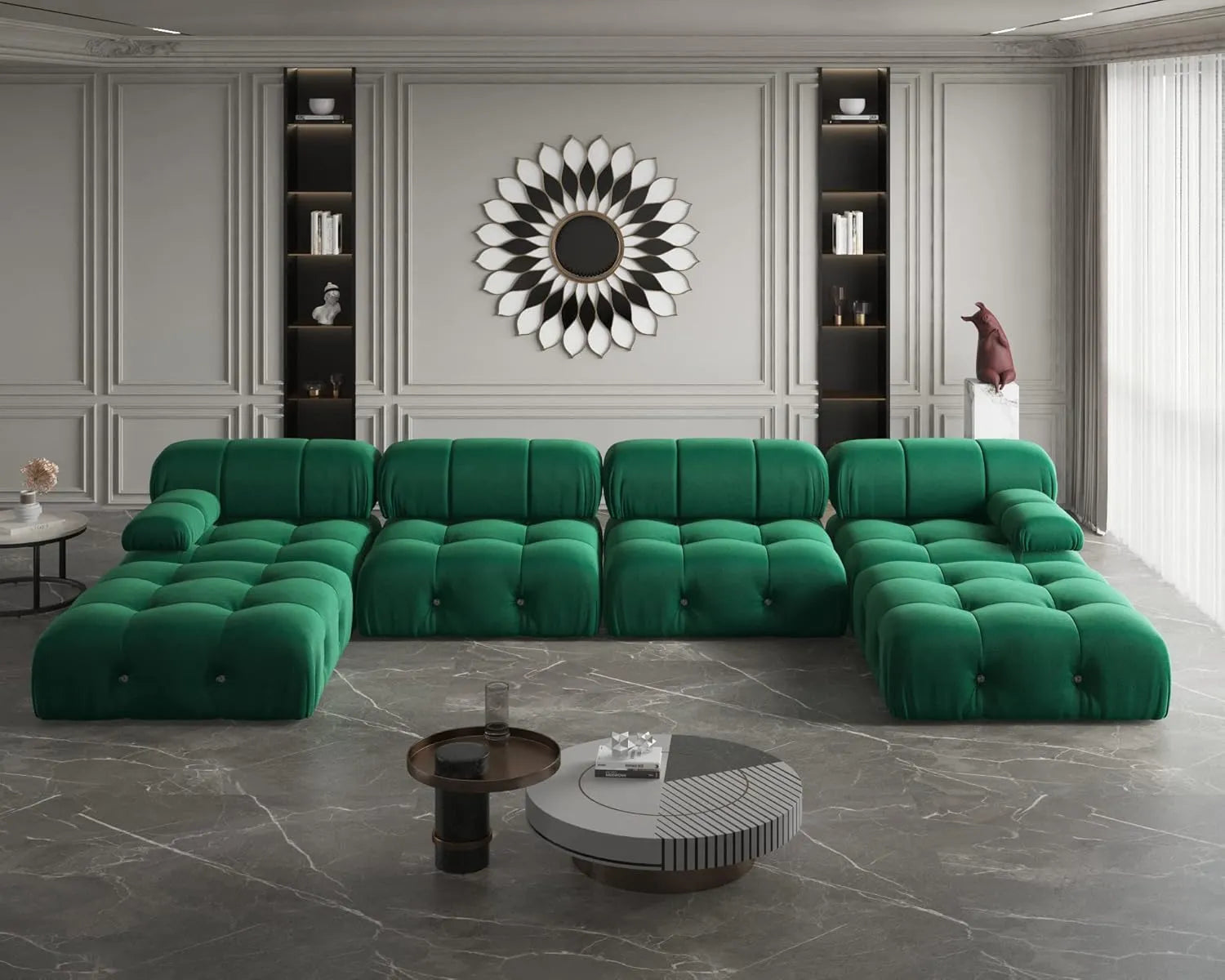 Matrix 4-Seater Green Modular U-Shaped Sectional | 6-Piece (includes 2 Ottomans), Velvet Fabric, Roomy Layout