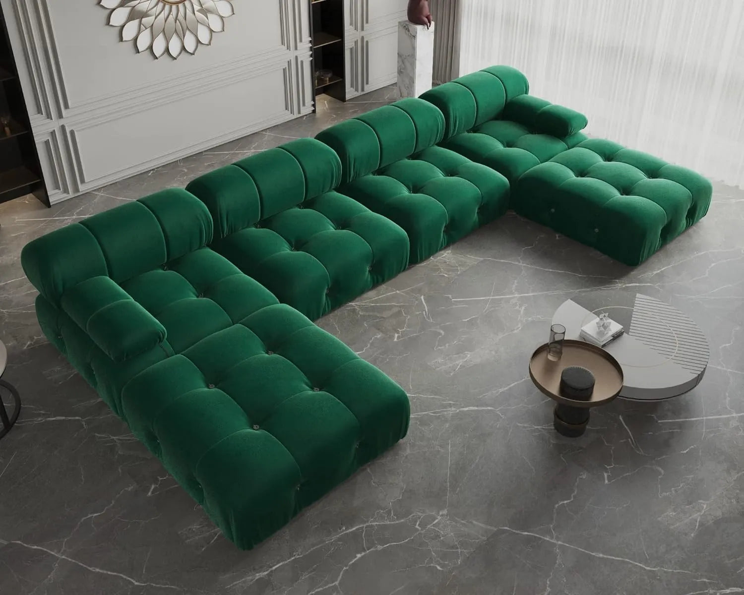 Matrix 4-Seater Green Modular U-Shaped Sectional | 6-Piece (includes 2 Ottomans), Velvet Fabric, Roomy Layout