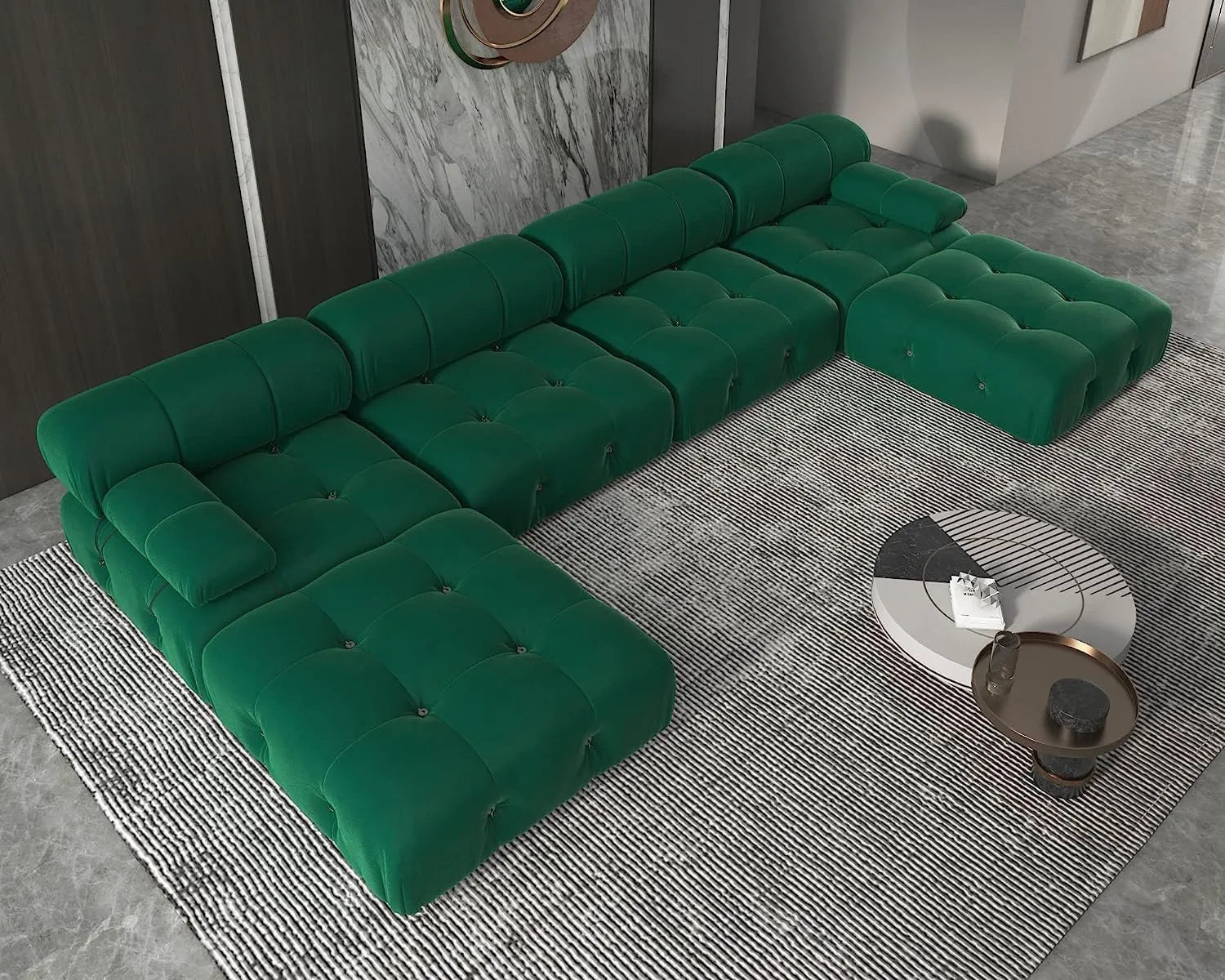 Matrix 4-Seater Green Modular U-Shaped Sectional | 6-Piece (includes 2 Ottomans), Velvet Fabric, Roomy Layout