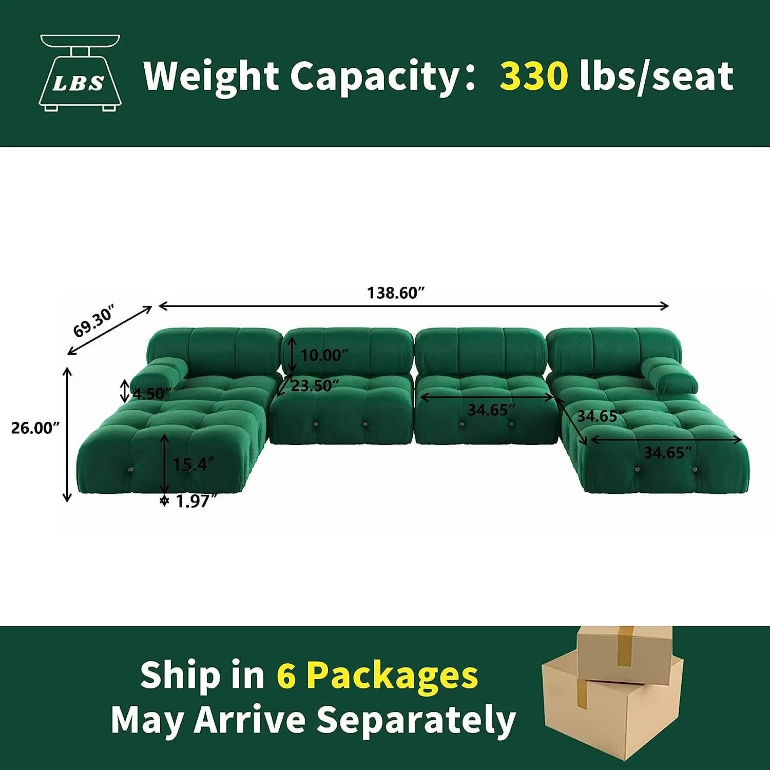 Matrix 4-Seater Green Modular U-Shaped Sectional | 6-Piece (includes 2 Ottomans), Velvet Fabric, Roomy Layout
