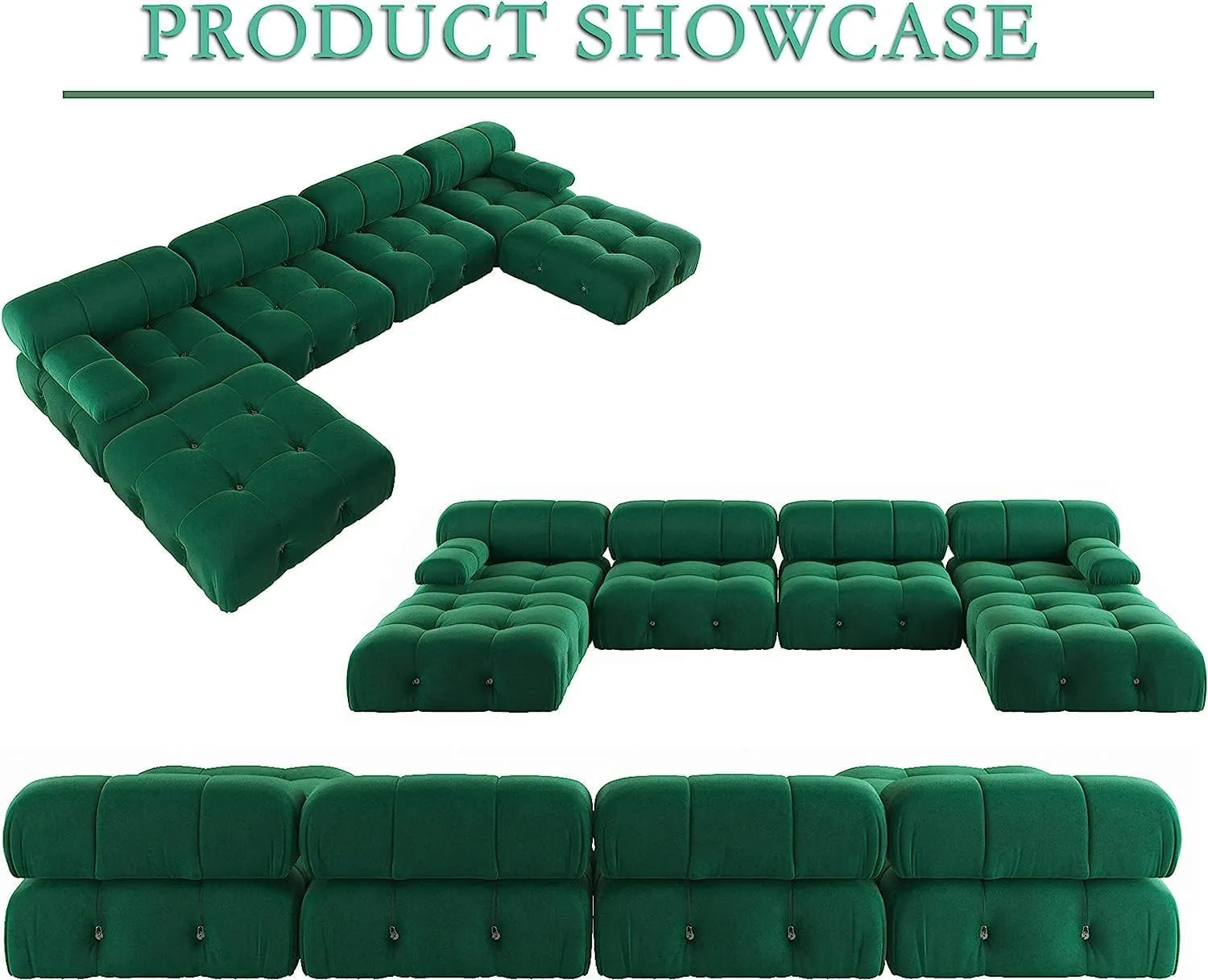 Matrix 4-Seater Green Modular U-Shaped Sectional | 6-Piece (includes 2 Ottomans), Velvet Fabric, Roomy Layout