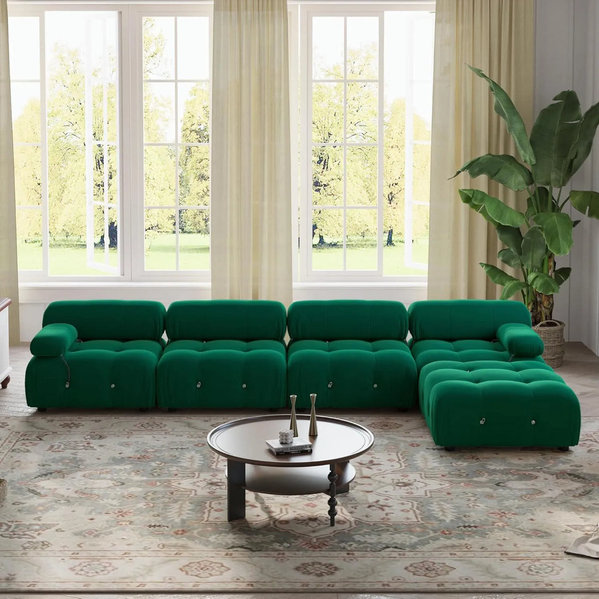 Matrix 4-Seater Green Modular L-Shaped Sectional | 5-Piece (includes 1 Ottoman), Velvet Fabric, Roomy Layout