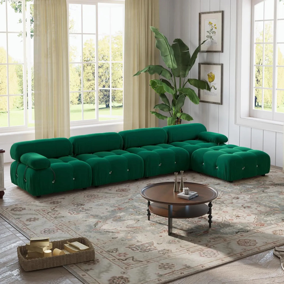 Matrix 4-Seater Green Modular L-Shaped Sectional | 5-Piece (includes 1 Ottoman), Velvet Fabric, Roomy Layout