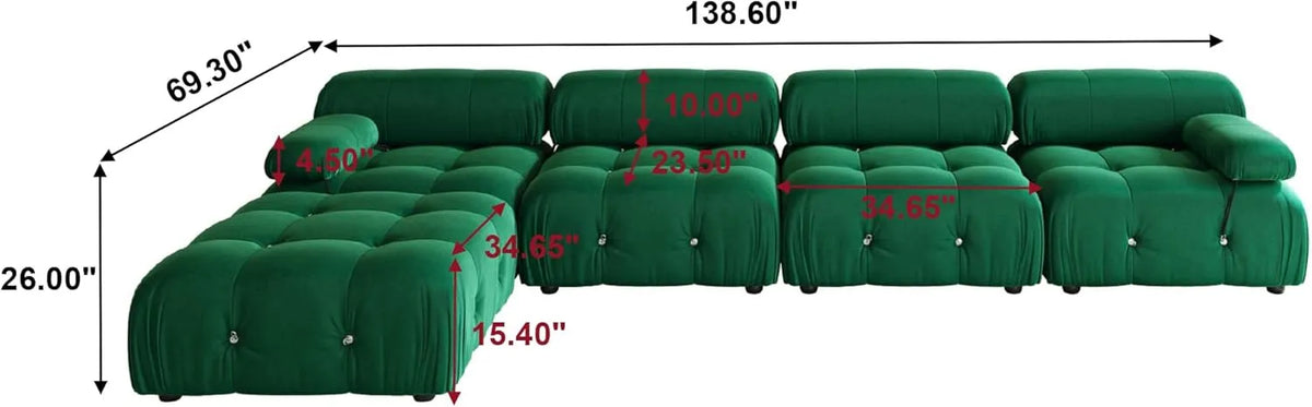 Matrix 4-Seater Green Modular L-Shaped Sectional | 5-Piece (includes 1 Ottoman), Velvet Fabric, Roomy Layout