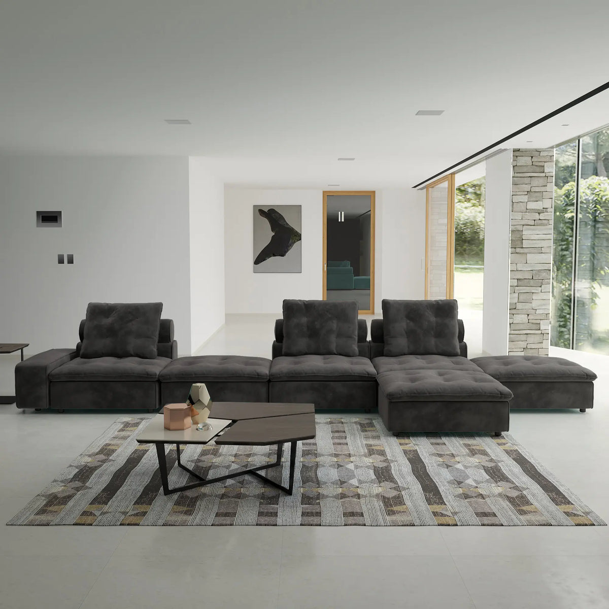 Sofás seccionales ajustables de lujo Cloud | Conjunto de sofás de 6 piezas de terciopelo gris esmerilado de 3 plazas