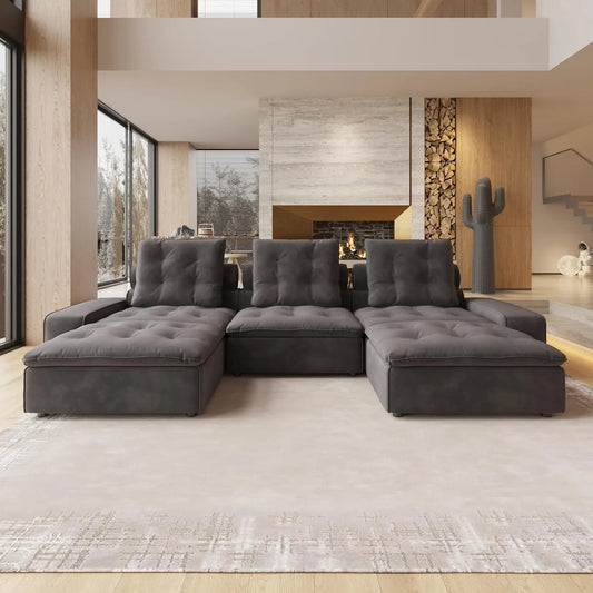 Deluxe Adjustable Cloud Sectional Sofas | Grey Frosted Velvet Couch Sectionals 3-seaters