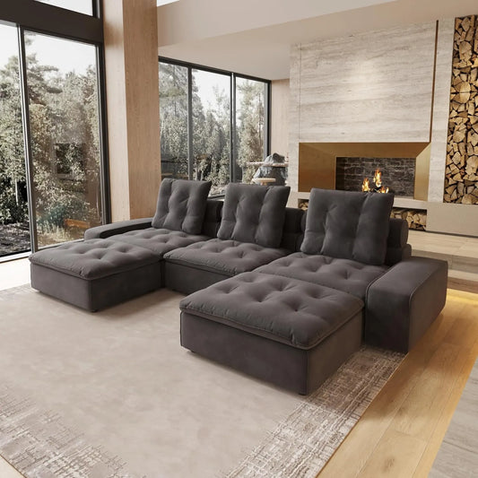 Deluxe Adjustable Cloud Sectional Sofas | Grey Frosted Velvet Couch Sectionals 3-seaters