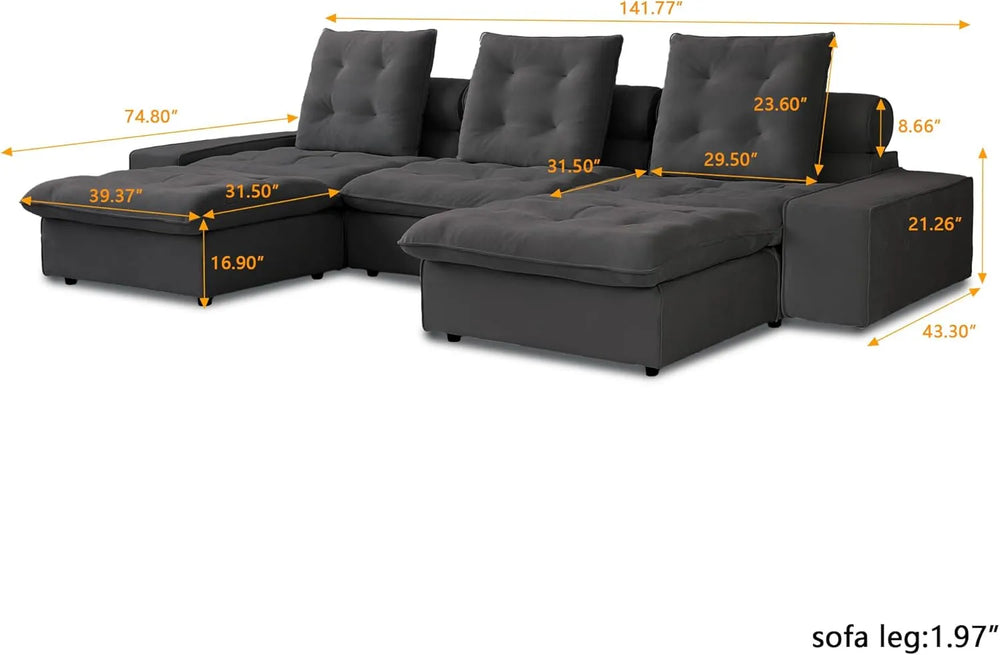 Deluxe Adjustable Cloud Sectional Sofas | Grey Frosted Velvet Couch Sectionals 3-seaters