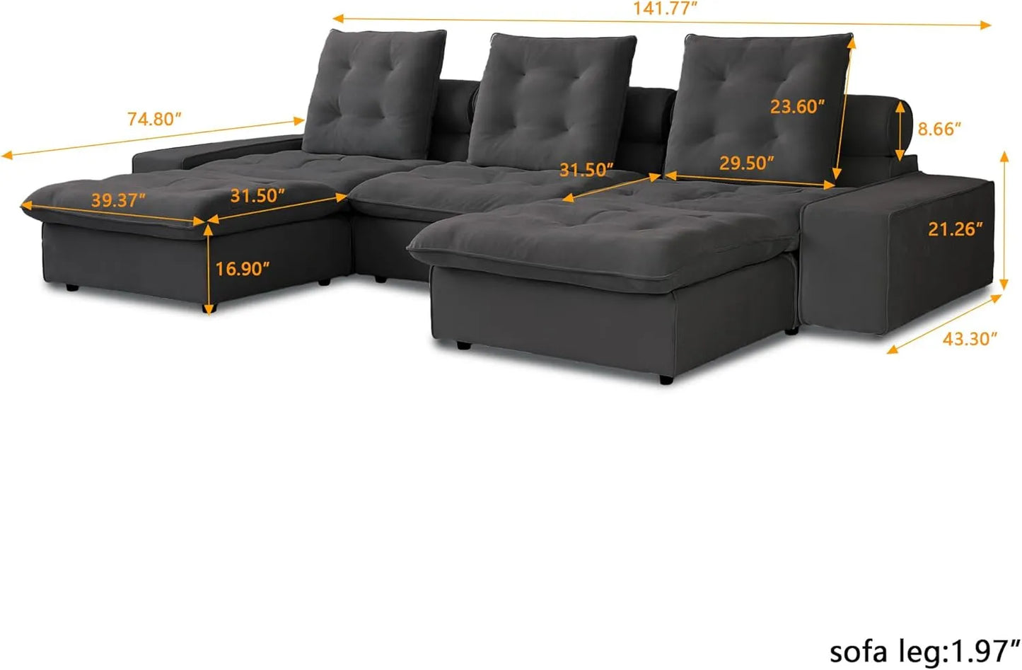 Deluxe Adjustable Cloud Sectional Sofas | Grey Frosted Velvet Couch Sectionals 3-seaters