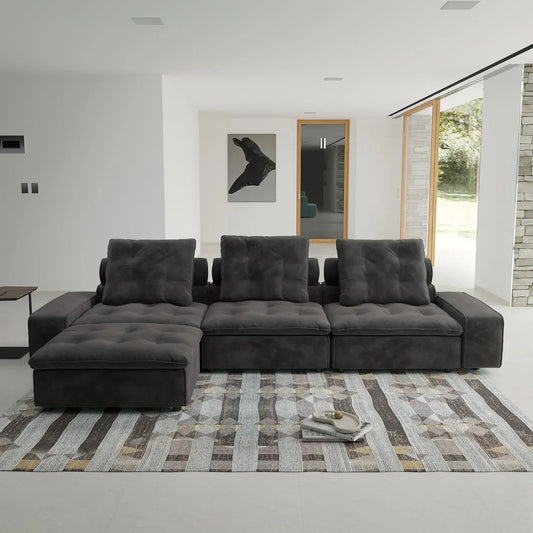 Deluxe Adjustable Cloud Sectional Sofas | Grey Frosted Velvet Couch Sectionals 3-seaters with 1 Ottoman