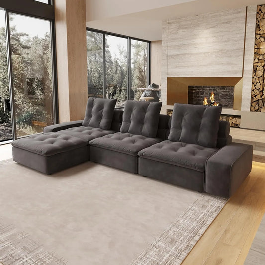 Deluxe Adjustable Cloud Sectional Sofas | Grey Frosted Velvet Couch Sectionals 3-seaters with 1 Ottoman