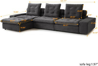 Deluxe Adjustable Cloud Sectional Sofas | Grey Frosted Velvet Couch Sectionals 3-seaters with 1 Ottoman